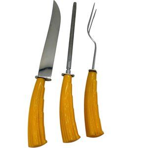 Vintage 3 Piece Bakelite Carving set Antler design, knife, fork, sharpener